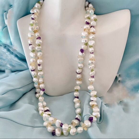 36” freshwater Pearl-citrine-topaz-amythyst-peridot rope necklace Sterling clasp - Picture 1 of 6